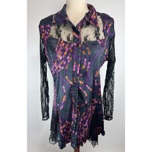 Komarov Button Down Black Lace Trim Crinkle Top Blouse Sz: Large